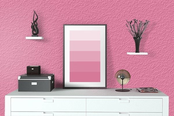Pretty Photo frame on Tickle Me Pink color drawing room interior textured wall