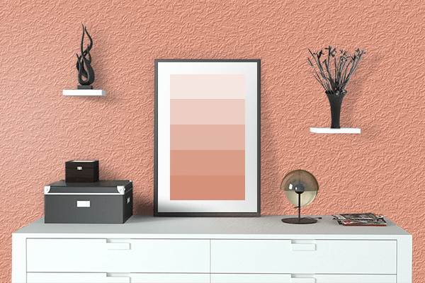 Pretty Photo frame on Vivid Tangerine color drawing room interior textured wall