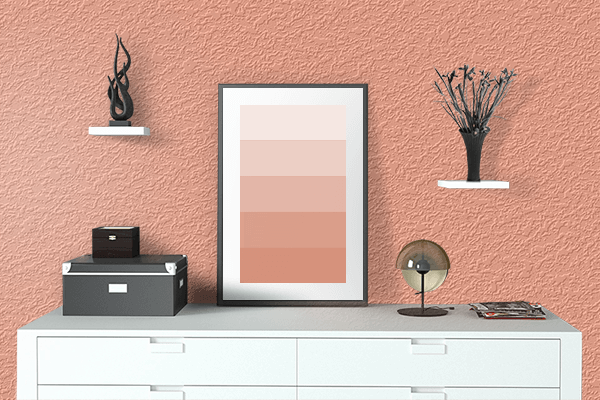 Pretty Photo frame on Vivid Tangerine color drawing room interior textured wall