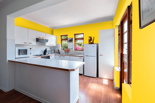 Pretty Photo frame on Metallic Yellow color kitchen interior wall color