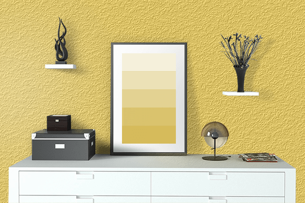 Pretty Photo frame on Mustard color drawing room interior textured wall