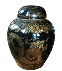 Black ceramic urn with golden dragon design