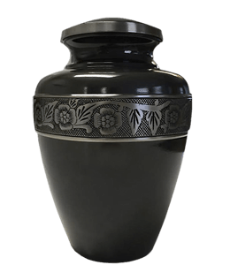 Black urn with shiny grey artwork