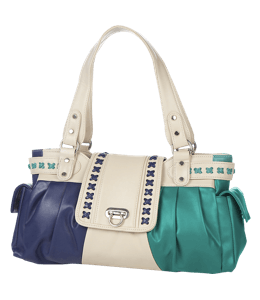 Beige, blue and cyan colored handbag