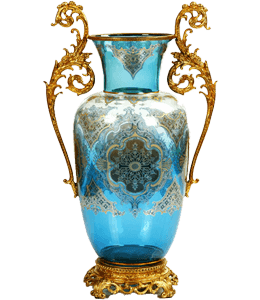 Blue glass vase with ornately made gold handles and base