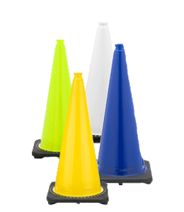 Blue-yellow-green and white traffic cone