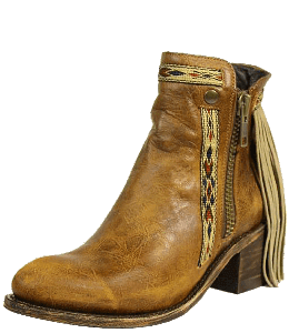 Brown or tan leather cowboy boot with tassels