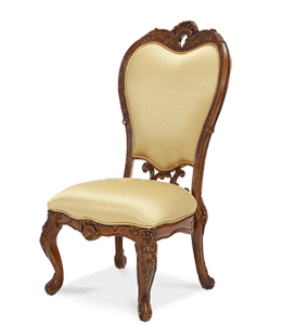 Carved brown wooden chair with light shiny cream seat