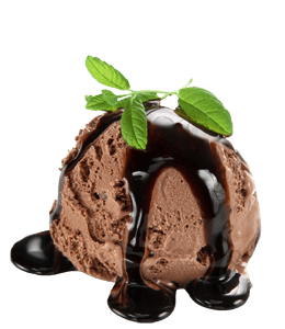 Chocolate ice-cream with chocolate syrup and fresh mint leaves