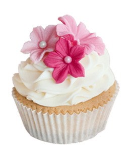 Cupcake with cream and three small pink flowers