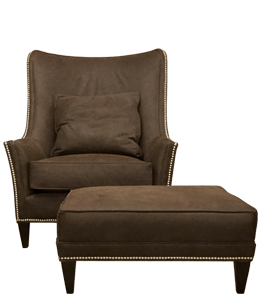 Dark coffee colored winged chair with foot stool