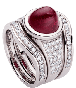 Dark maroon ruby and diamonds on platinum for royal wedding ring