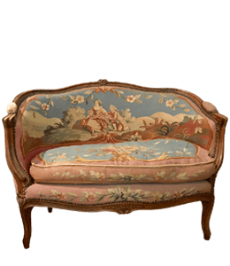 Delicate setee with European upholstery probably embroidered
