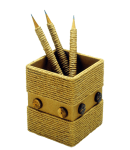 Dull colored yellow pencil holder with pencils