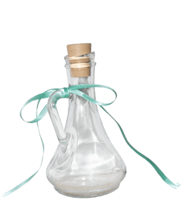 Glass bottle with blue-green ribbon