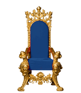 Gold chair that looks like a throne with blue upholstery