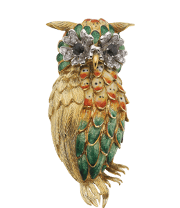 Golden owl with green-white and black stones