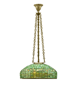 Hanging lamp with green glass shade and old brass chains