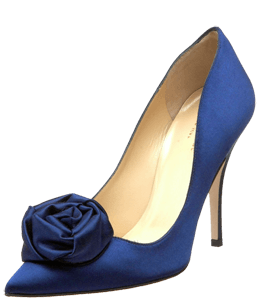 High heeled blue pump with a blue rose