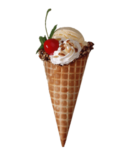 Ice-cream in waffle cone with toppings of nuts cherry and mint leaf