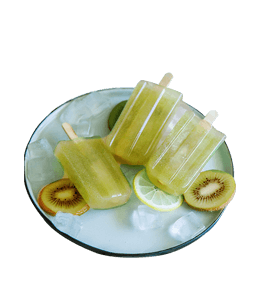 Kiwi ice pops with fresh kiwi and lime in blue ceramic plate