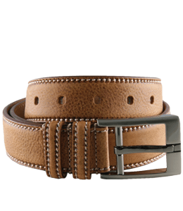 Leather belt with grey buckle