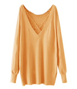 Light orange color full sleeve v neck with lace work top for women