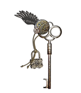 Old key with golden lock and gears-steampunk