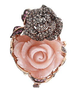 Peack pink rose and diamonds brooch