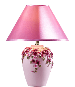 Pink lamp shade with floral design on ceramic base