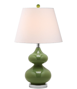Pink lamp shade with green ceramic base