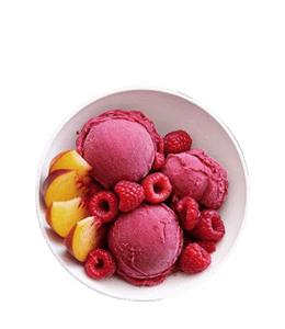 Raspberry ice-cream with fresh fruits in white bowl