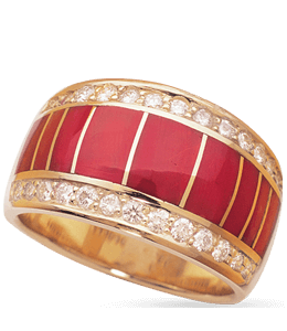 Red engagement ring with rectangular shaped gemstones