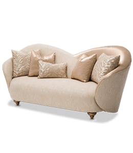 Satin beige colored sofa with cushions