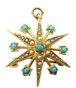 Star gold pendant withblue and white precious stones