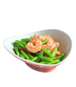 Tasty prawn with stir fry vegetables in ceramic bowl