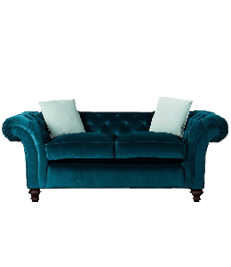 Teal blue sofa with light blue curtains