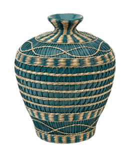 Teal colored ceramic pot with teal colored jute work on it