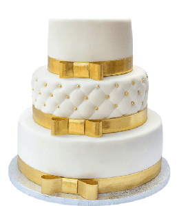Three layer white cake with golden ribbon