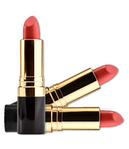 Three sticks of coral red lipstick