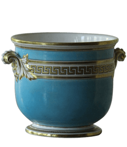 Turquoise ceramic cup with design on golden strip