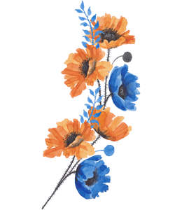 Watercolor with orange flowers and blue sprigs