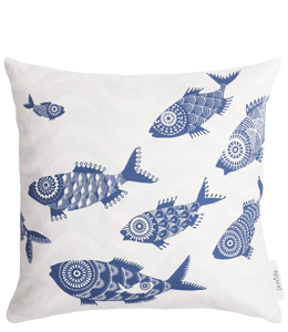 White cushion with navy print of fishes
