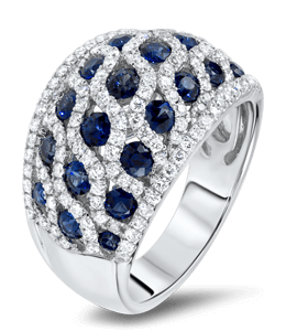 White gold ring with diamonds and blue sapphires
