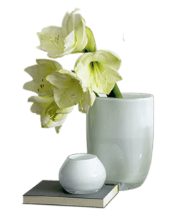 White vase with lily flowers and book