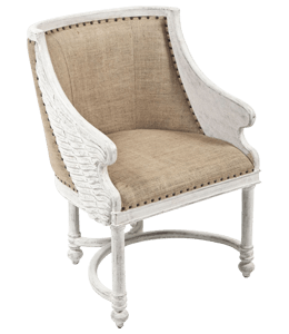 White wooden chair with beige fabric upholstery