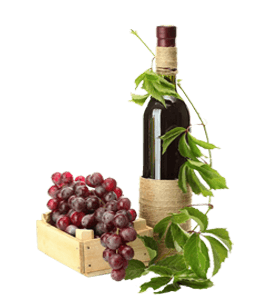 Wine bottle with fresh grapes in wooden box