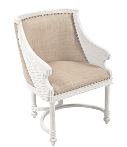 Wooden white wing chair with light cream upholstery